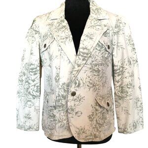 Floral Denim-Type Jacket, 4 Button Tab Pleated Pockets Cream and Gray Blazer 14